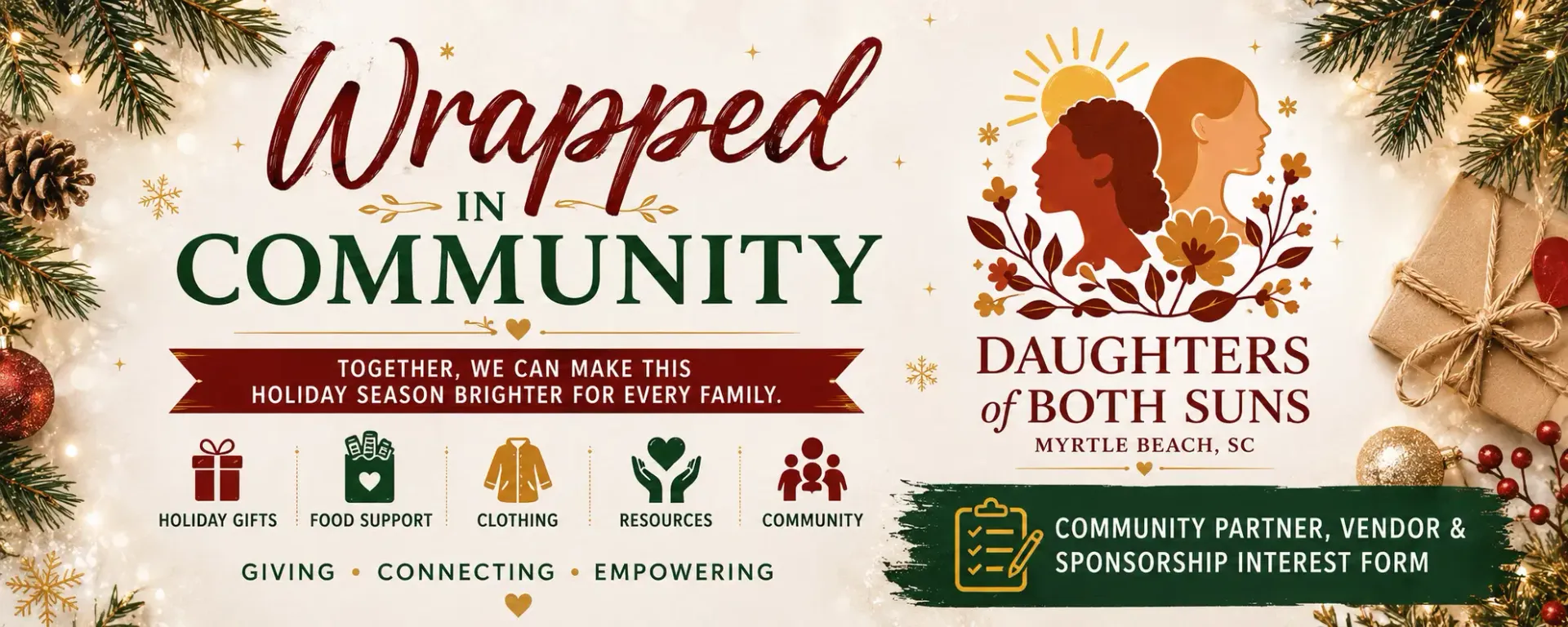 Wrapped in Community holiday gathering banner inviting community partners, vendors, and sponsors to help make the season brighter for every family
